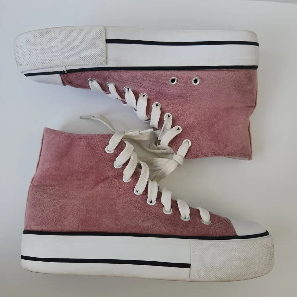 Dusty Pink Velvet Platform High Top Sneakers Chunky Summer Feminine Casual Cute - Picture 4 of 8